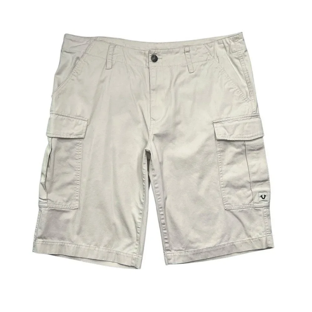 True Religion Cargo Shorts Men's Size 36 Cream Casual Classic Summer Cotton‎